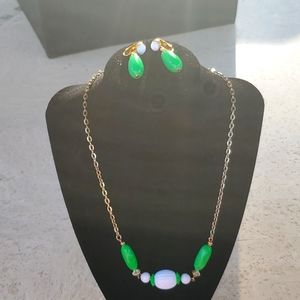 White & Green Neckless and Clip Earrings